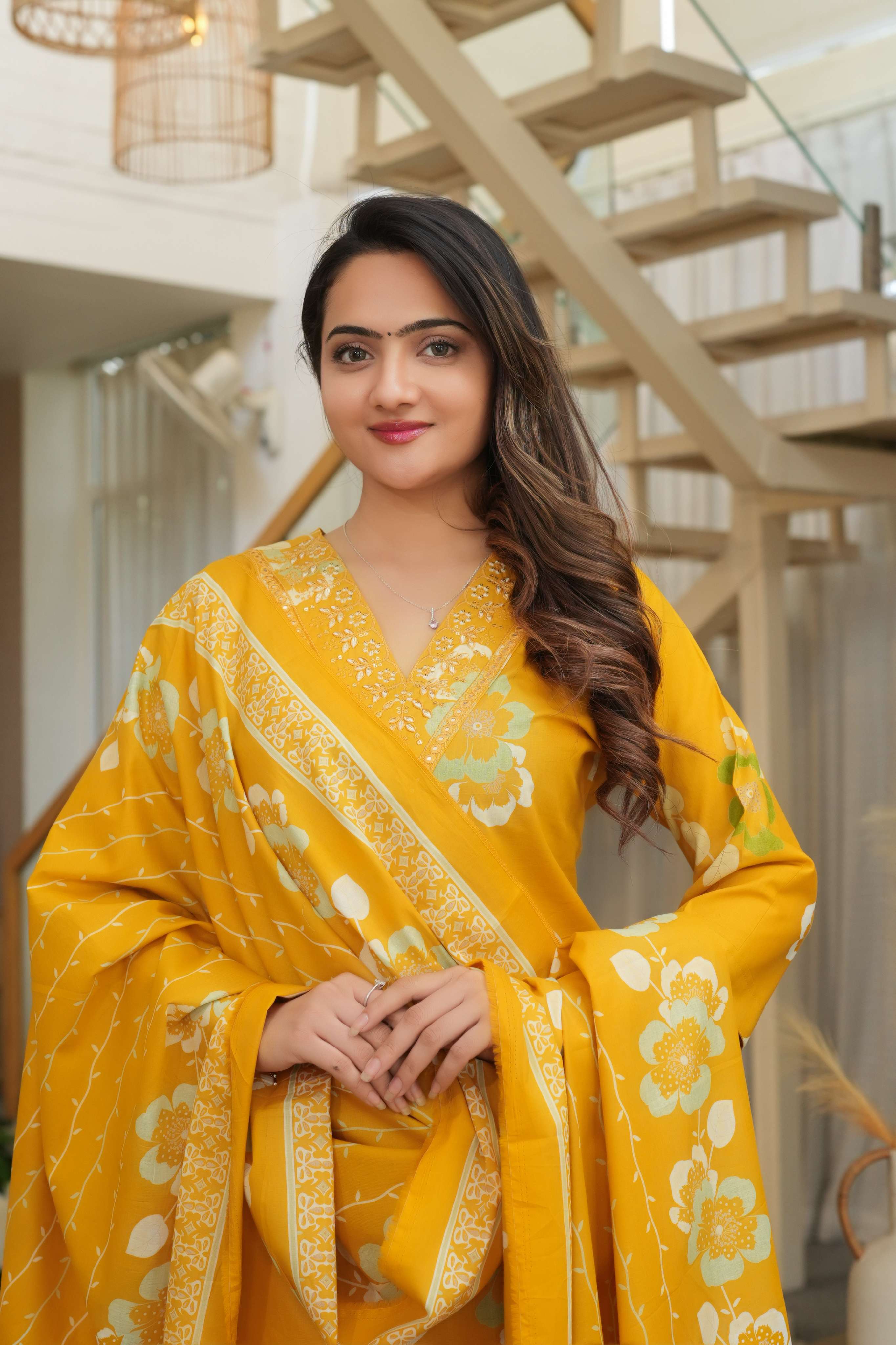 Mustard Yellow 3 Pcs Printed Suit Set with Floral Patterns – Elegant & Festive Ethnic Look