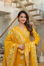 Mustard Yellow 3 Pcs Printed Suit Set with Floral Patterns – Elegant & Festive Ethnic Look