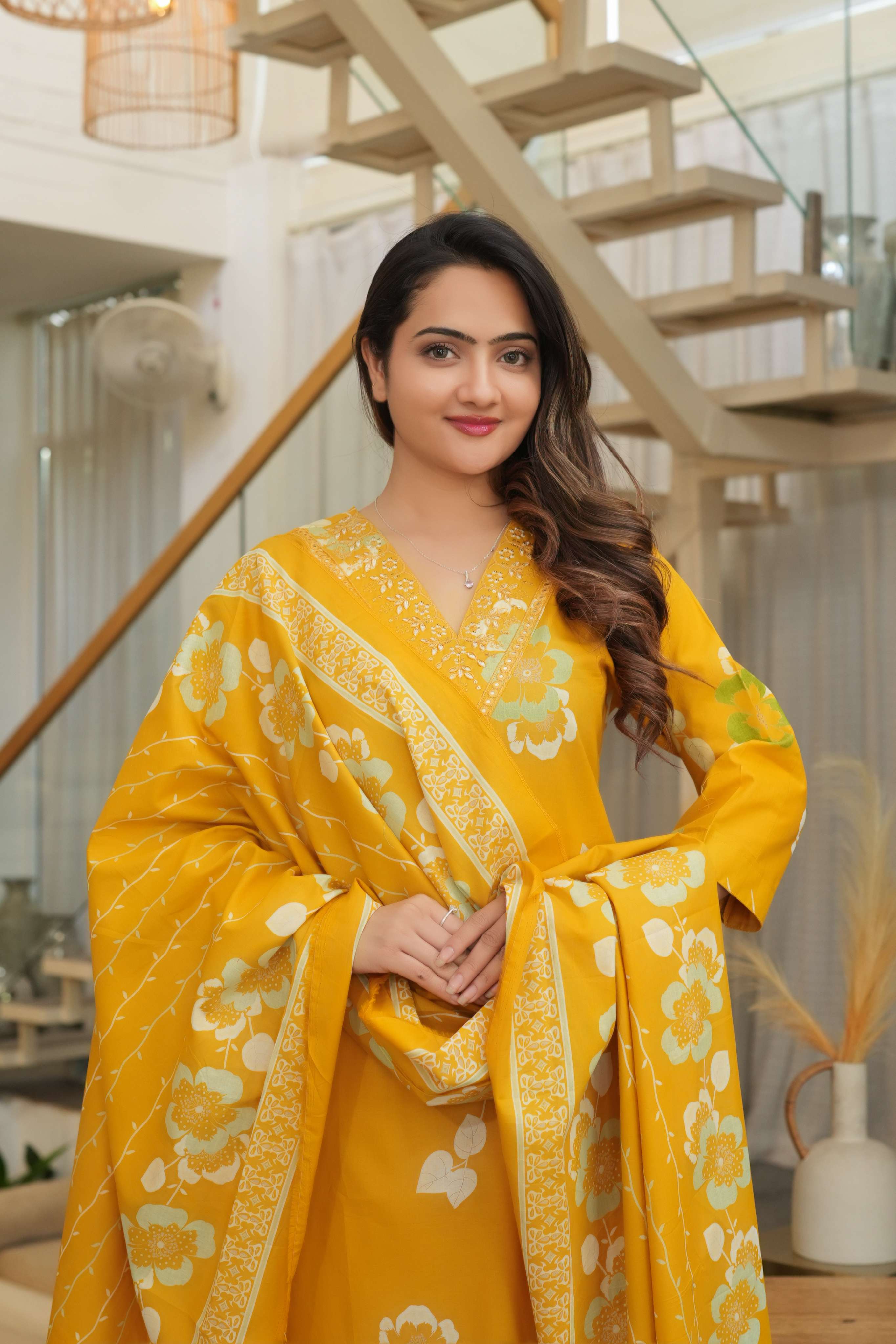 Mustard Yellow 3 Pcs Printed Suit Set with Floral Patterns – Elegant & Festive Ethnic Look