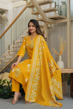 Mustard Yellow 3 Pcs Printed Suit Set with Floral Patterns – Elegant & Festive Ethnic Look