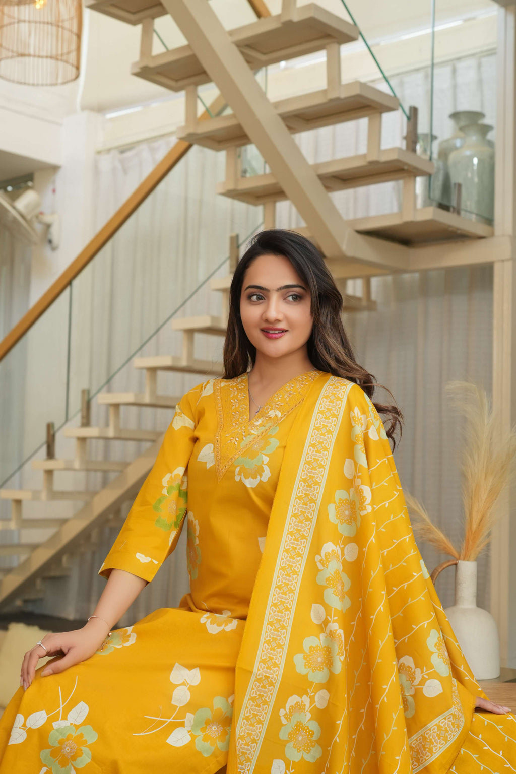 Mustard Yellow 3 Pcs Printed Suit Set with Floral Patterns – Elegant & Festive Ethnic Look