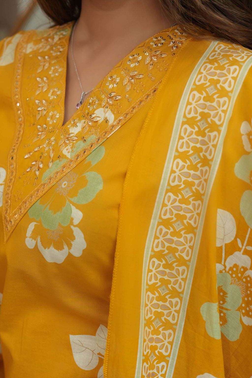 Mustard Yellow 3 Pcs Printed Suit Set with Floral Patterns – Elegant & Festive Ethnic Look