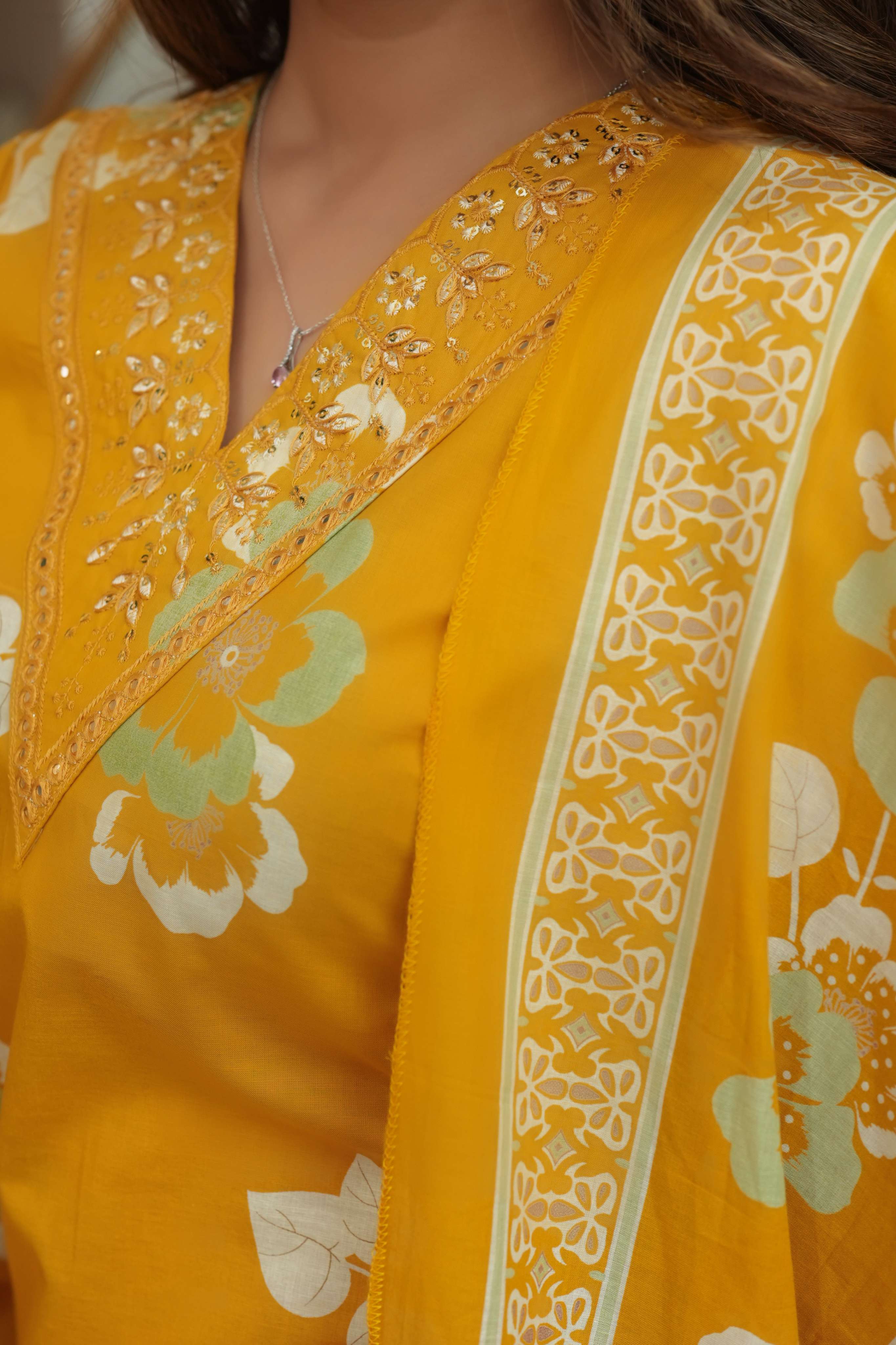 Mustard Yellow 3 Pcs Printed Suit Set with Floral Patterns – Elegant & Festive Ethnic Look