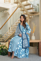 Blue 3 Pcs Printed Suit Set with Stripes