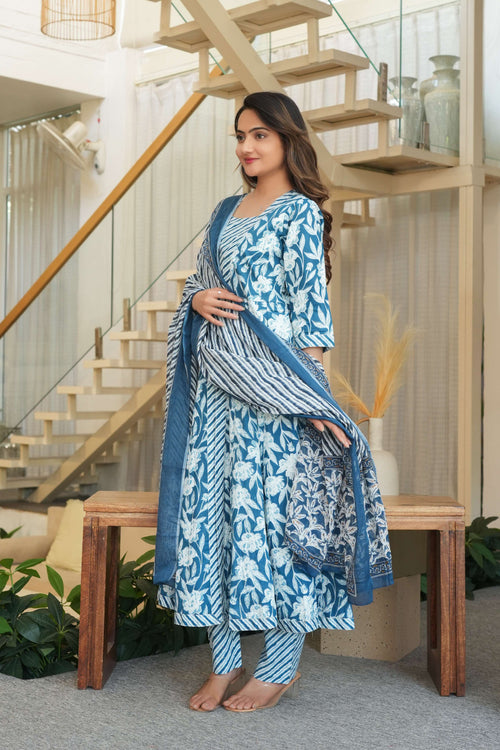 Blue 3 Pcs Printed Suit Set with Stripes