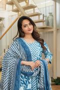 Blue 3 Pcs Printed Suit Set with Stripes