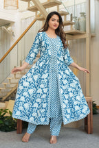 Blue 3 Pcs Printed Suit Set with Stripes