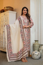 Off-White 3 Pcs Printed Suit Set with Floral & Zigzag Patterns