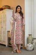 Off-White 3 Pcs Printed Suit Set with Floral & Zigzag Patterns