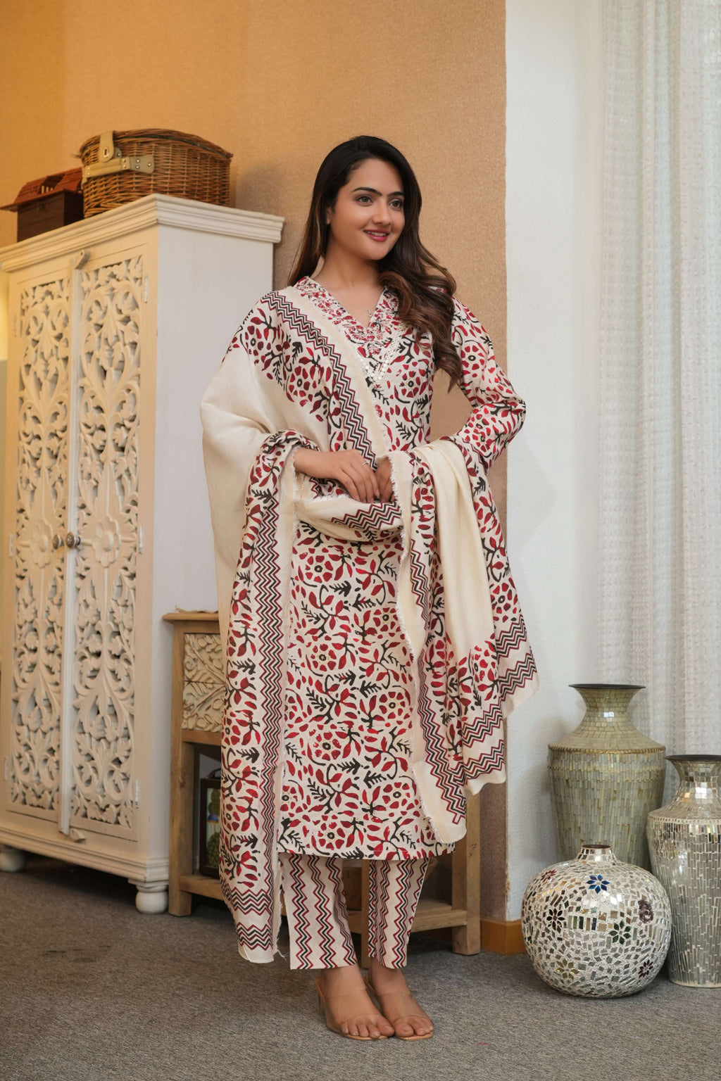 Off-White 3 Pcs Printed Suit Set with Floral & Zigzag Patterns