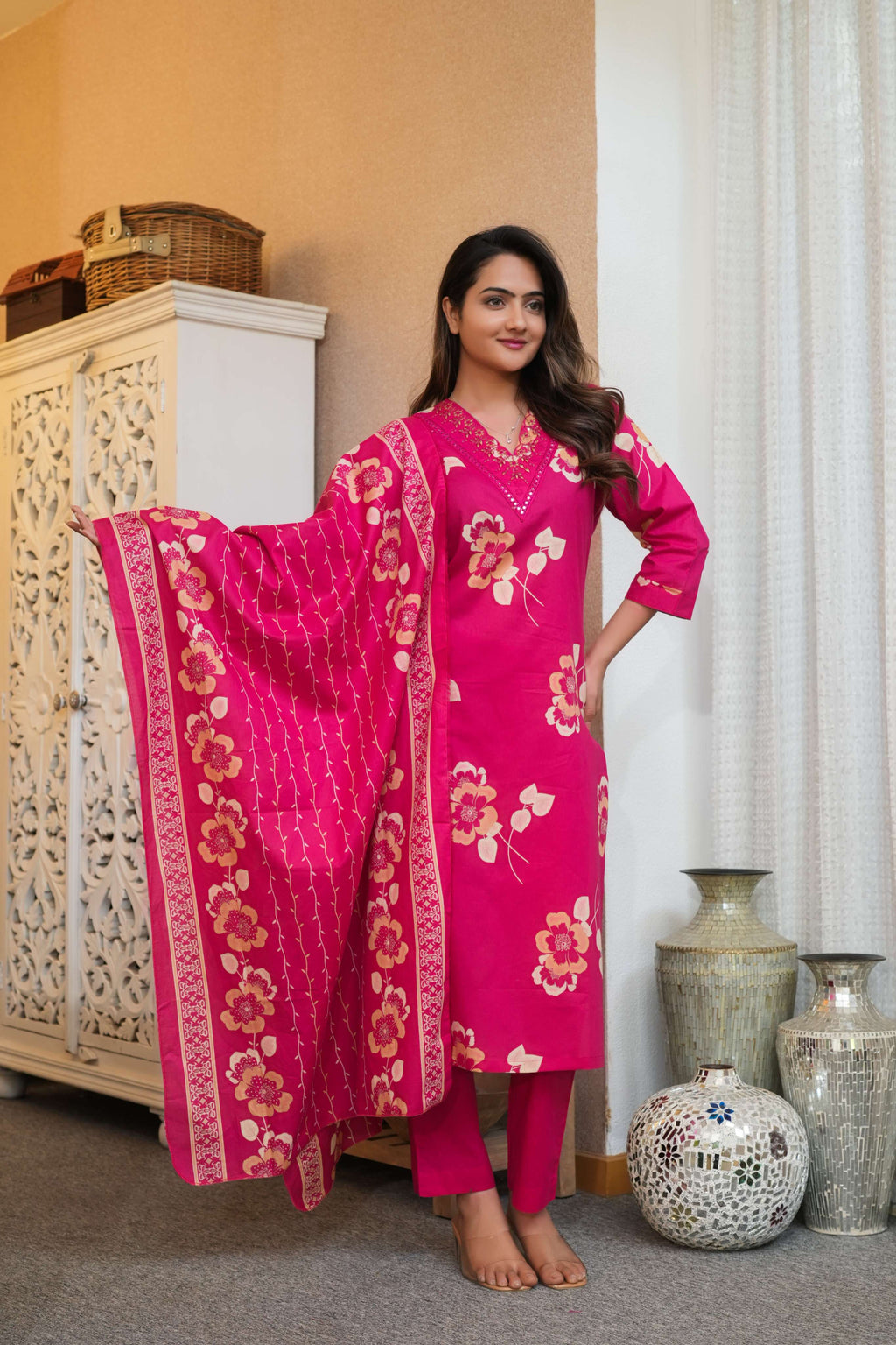 3 pcs Vibrant Pink Suit Set with Floral Dupatta