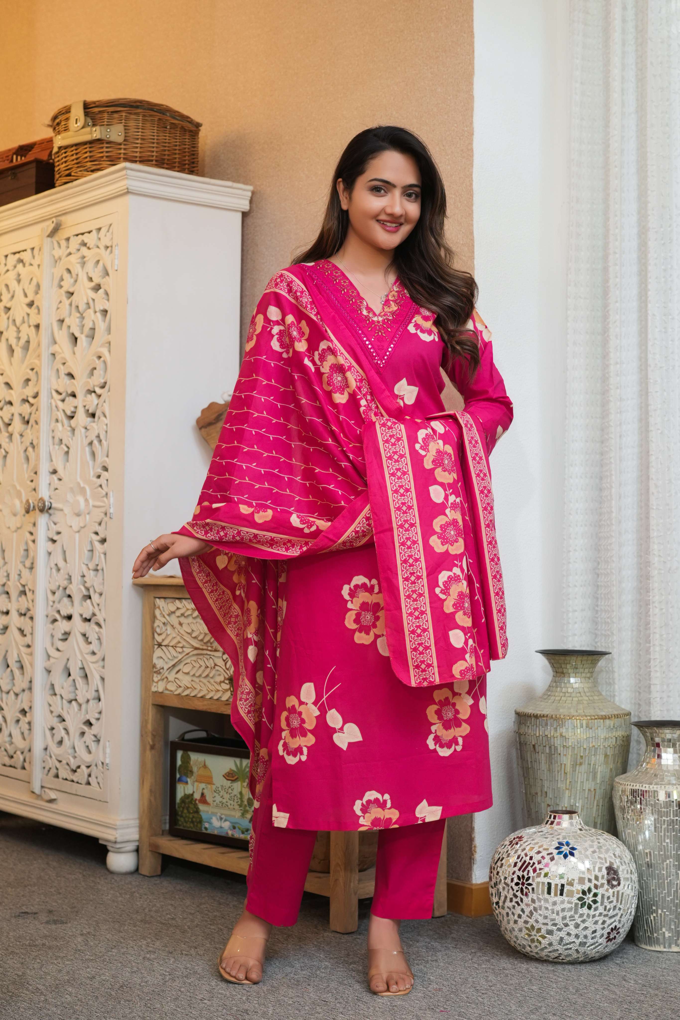 3 pcs Vibrant Pink Suit Set with Floral Dupatta