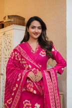 3 pcs Vibrant Pink Suit Set with Floral Dupatta
