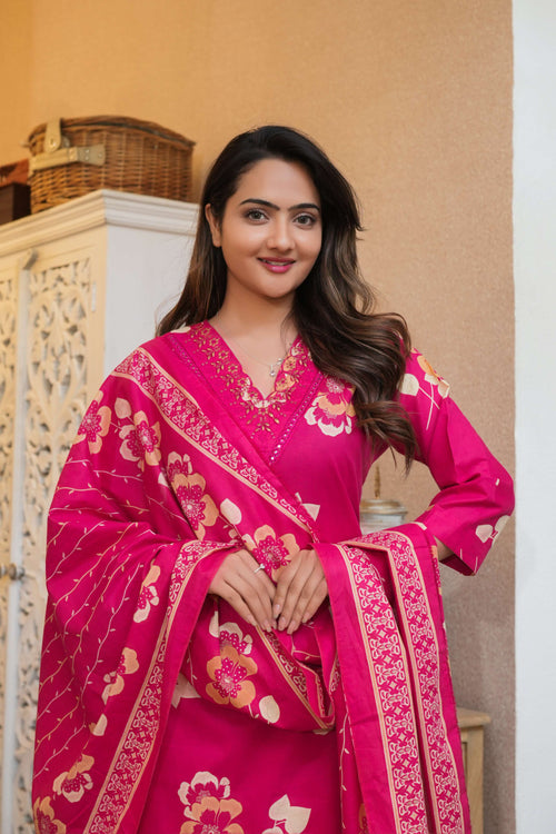 3 pcs Vibrant Pink Suit Set with Floral Dupatta