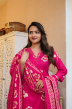 3 pcs Vibrant Pink Suit Set with Floral Dupatta