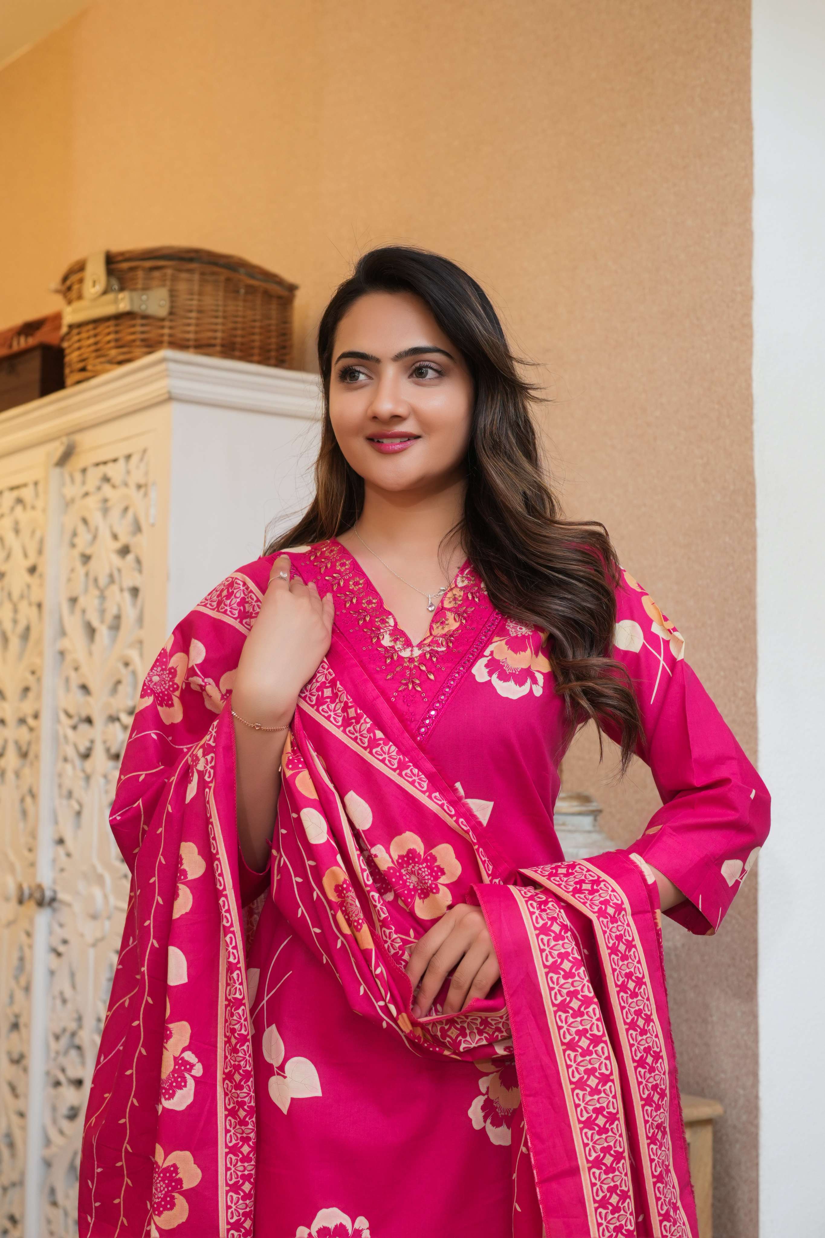 3 pcs Vibrant Pink Suit Set with Floral Dupatta