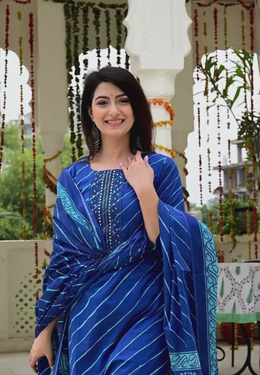 Blue Pure Mal Cotton 3-Piece Suit Set with Leheriya Neck Embroidery