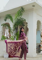 Wine Pure Cotton 3-Piece Suit Set with Designer Embroidered Neck