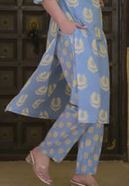 Sky Blue Pure Cotton 3-Piece Suit Set with Heavy Neck Embroidery