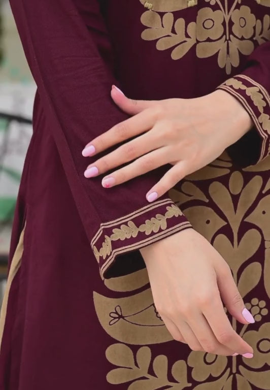 Mehroon Imported Rayon 2-Piece Block Print Suit Set with Katha Embroidery