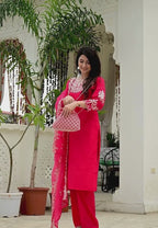 Red Synthetic 3-Piece Suit Set with Heavy Embroidery & Organza Dupatta