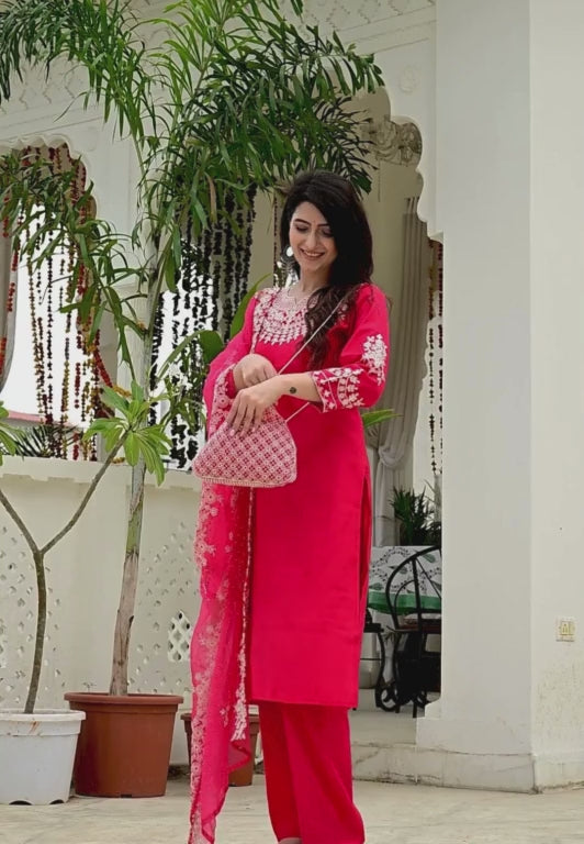 Red Synthetic 3-Piece Suit Set with Heavy Embroidery & Organza Dupatta