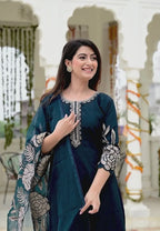 Bottle Green Cotton Silk 3-Piece Frock Suit with Heavy Flare & Embroidered Dupatta