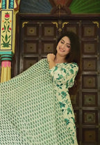 Cream Pure Cotton 3-Piece Suit Set with Bottle Green Floral Print