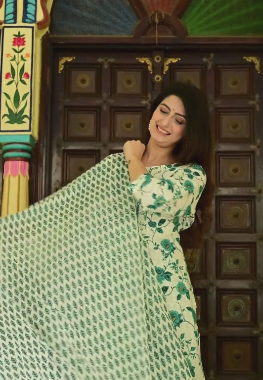 Cream Pure Cotton 3-Piece Suit Set with Bottle Green Floral Print