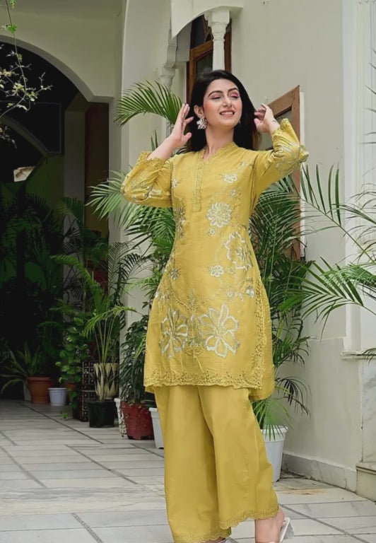 Mustard Heavy Mal Cotton Co-ord Set with Self Embroidery & Cutwork