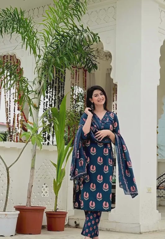 Blue Pure Cotton 3-Piece Suit Set with Mirror & Neck Embroidery