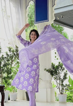 Lavender Pure Cotton 3-Piece Suit Set with White Floral Print