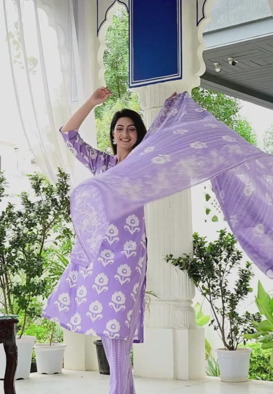 Lavender Pure Cotton 3-Piece Suit Set with White Floral Print