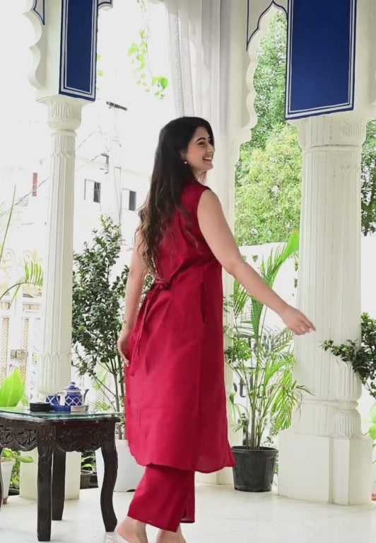 Red Color 2-Piece Cord Set in Silk Cotton Fabric