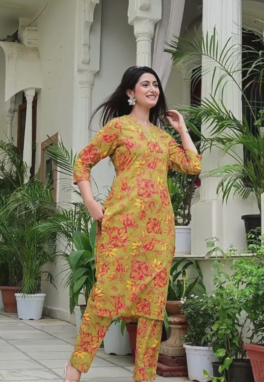 Mustard Mal Cotton Printed Suit Set with Neck Embroidery