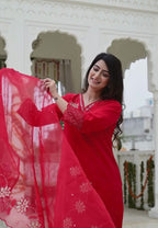 Red Cotton 3-Piece Suit Set with Heavy Embroidery & Organza Dupatta