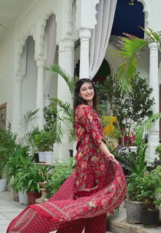 Mehroon Pure Mal Cotton 3-Piece Suit Set with Heavy Embroidery