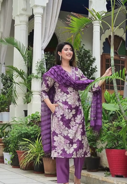 Purple Suit Set in V. Vatikan Fabric with Neck Embroidery