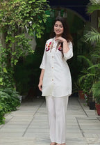 Cream Silk-Cotton Cord Set with Colorful Embroidery & Plain Pant