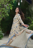 Cream & Blue Printed 3-Piece Pure Cotton Suit Set with Lace Design