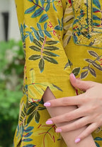 Mustard Pure Cotton Suit Set with Stylish Neck Embroidery & Mirror Work