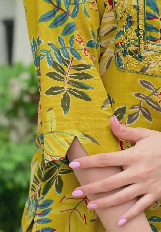 Mustard Pure Cotton Suit Set with Stylish Neck Embroidery & Mirror Work