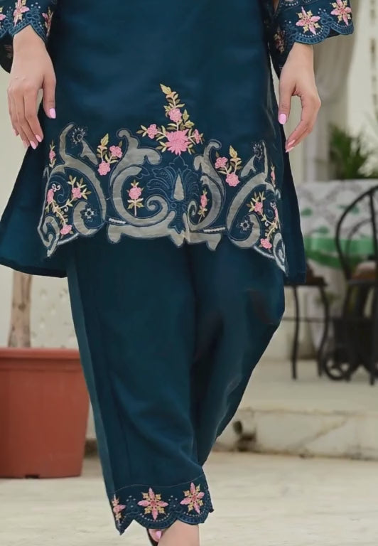 Teal Blue Organza Tissue 2-Piece Embroidered Cord Set