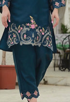 Teal Blue Organza Tissue 2-Piece Embroidered Cord Set