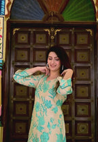 Rama Green Silk-Cotton 2-Piece Cord Set with Moti Work & Printed Plazo