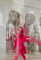 Rani Pink Silk 3-Piece Zari Work Suit Set with Organza Dupatta