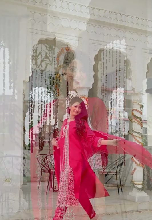 Rani Pink Silk 3-Piece Zari Work Suit Set with Organza Dupatta