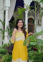 Yellow Rayon 2-Piece Cord Set with Floral White Print & Moti Work